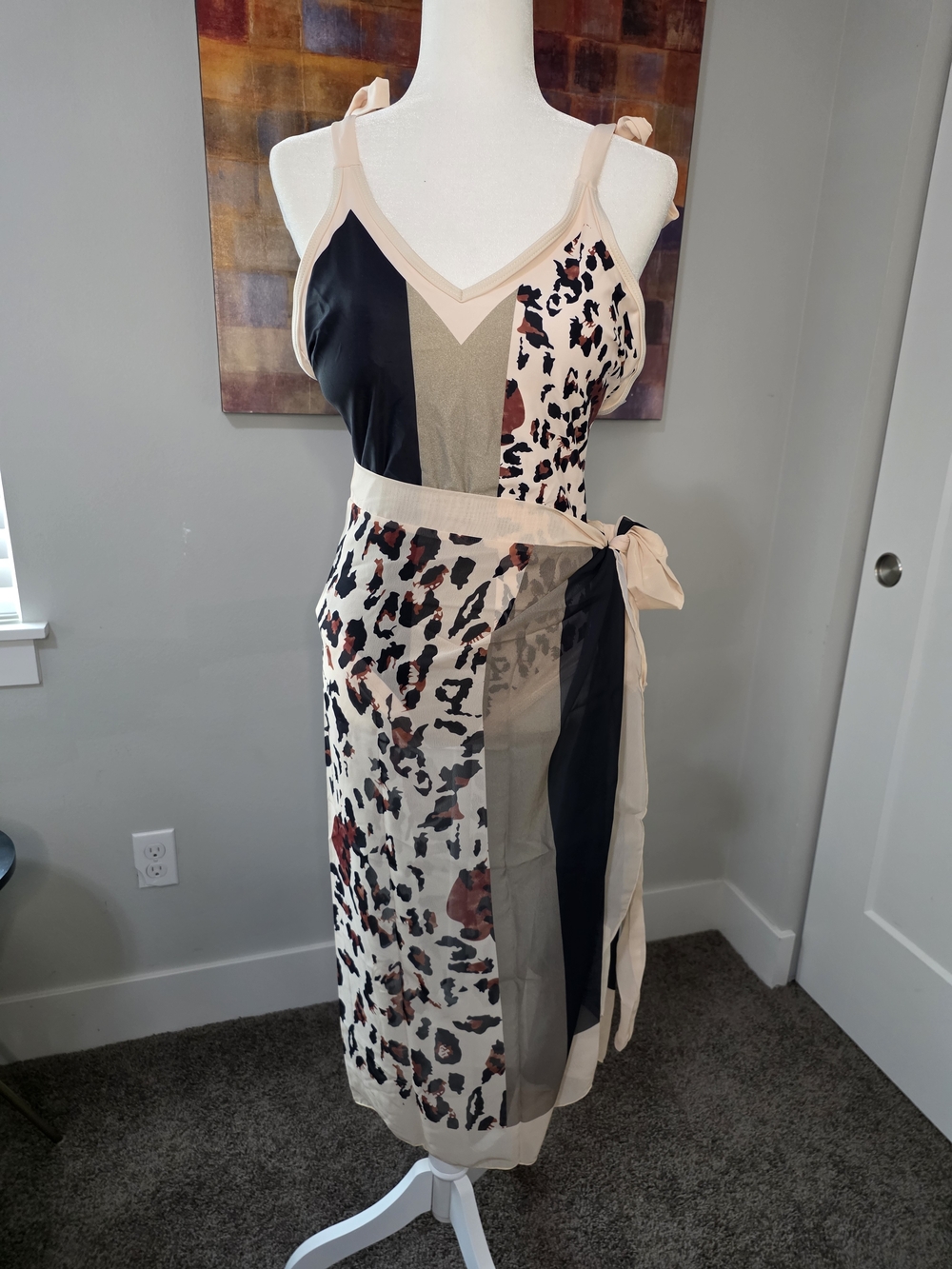 Leopard & Colorblock One Piece Bathing Suit With Matching Sarong